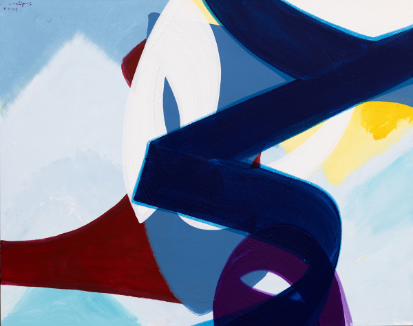 abstrakte Malerei in blau, weiß, rot un gelb