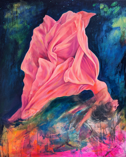 Rosa Tuch schwebt über buntem, abstraktem Hintergrund – Gemälde.