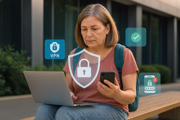 Frau mit Laptop und Smartphone nutzt digitale Sicherheitsfunktionen wie VPN und Passwortschutz