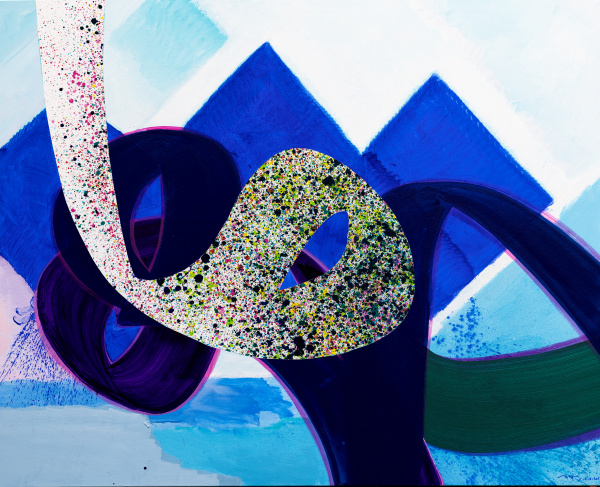 Eine Malerei mit blauen Rechtecken, einer gepunkteten Form und geschwungenen Linien.