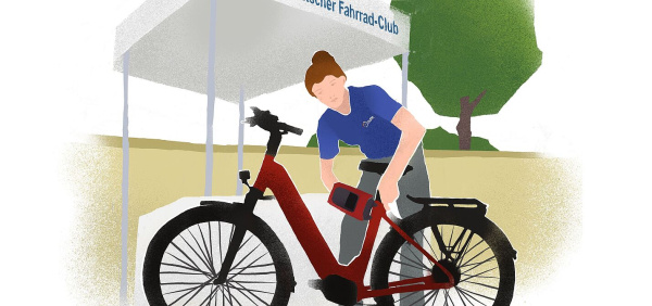 Eine Frau im sportlichen Look codiert mit einem Nadelmarkierungsgerät ein Fahrrad.