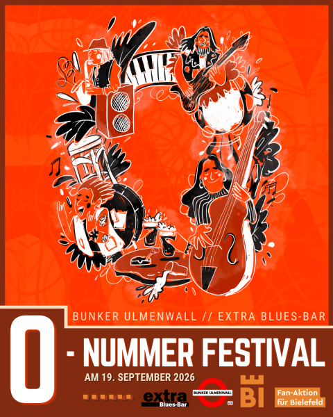 Das Plakat zum Festival, mit Illustration von menschen, die Musik machen und feiern