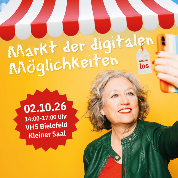 Eine Frau hält ein Smartphone in der Hand, Überschrift: Markt der digitalen Möglichkeiten