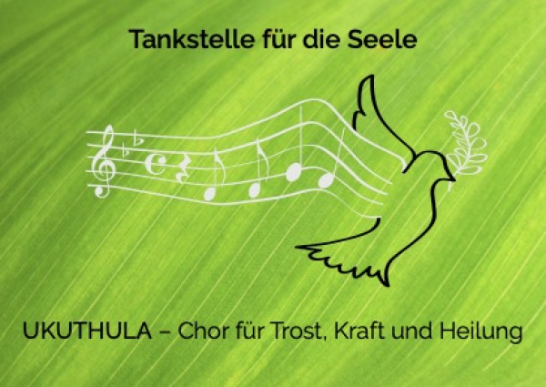 Grafik auf grünem Blatt-Hintergrund mit dem Schriftzug „Tankstelle für die Seele“. Eine weiße Notenz