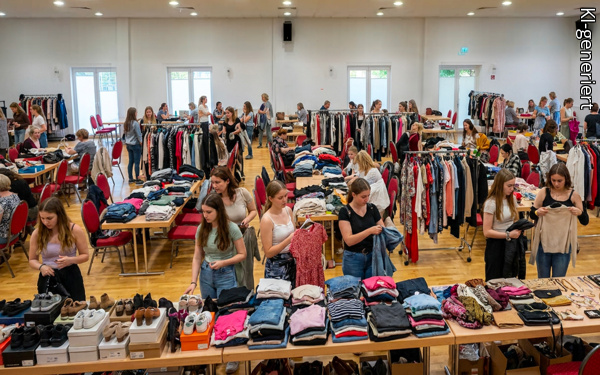Heller Saal mit Verkaufstischen und Kleiderstangen, darauf diverse Kleidung, Schuhe und Accessoires